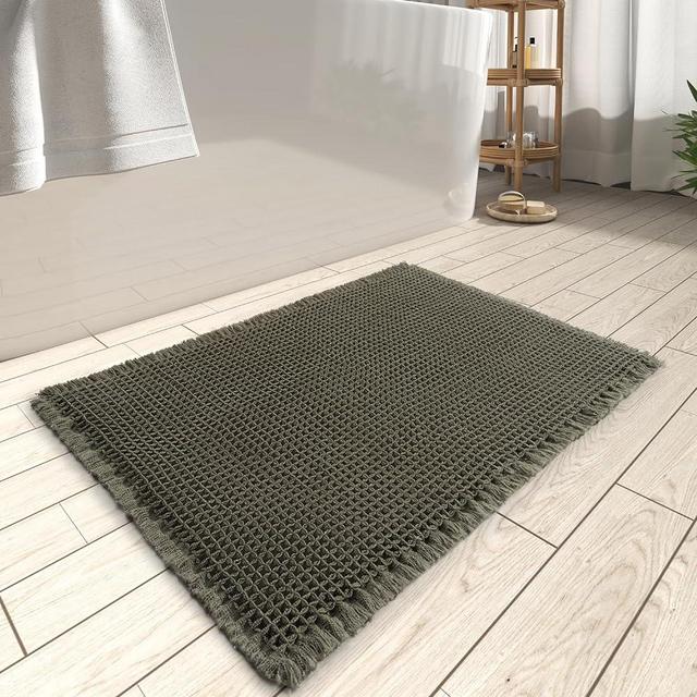 AMOAMI Upgraded Waffle Bath Mat, Super Absorbent Non Slip Bath Mats for Bathroom Floor, Machine Washable Bathroom Rugs with Tassels, Rubber Backed Bathroom Mats, Ultra Soft, 17" x 24", Dark Green