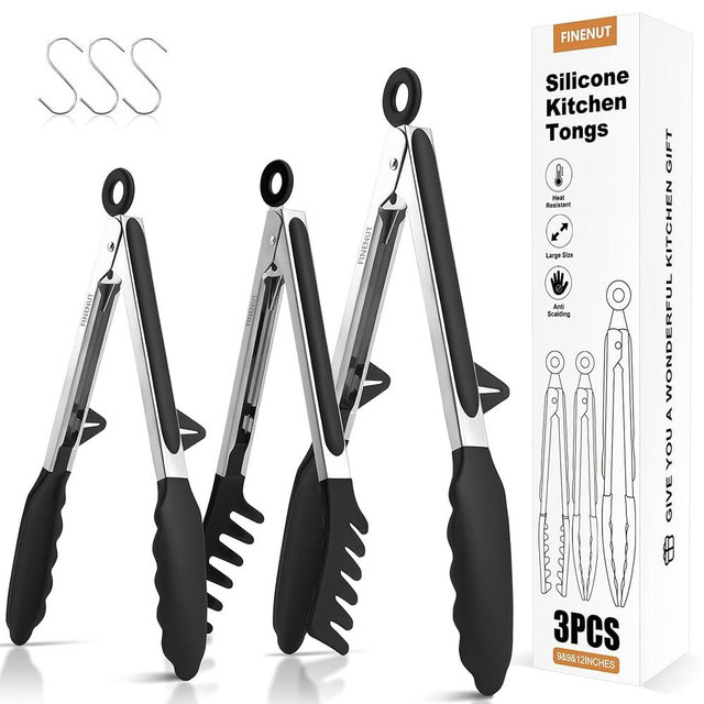 FINENUT Stainless Steel&Silicone Food Tongs Set of 3 (9+9+12 Inch) - BPA-Free&Heat Resistant Non-Scratch BBQ&Cooking Tools,Strong Grip Locking for Grilling,Pasta,Air Fryer,Salad,Dishwasher Safe