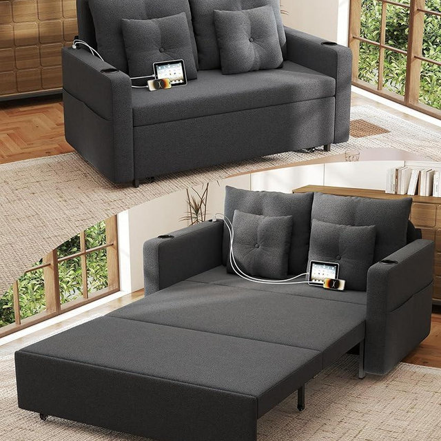 Krcix 3 in 1 Sofa Bed, 56 Inch Convertible Pull Out Couch, Loveseat Sleeper Sofa with Cup Holders, USB, Sofa Couches for Living Room, Bedroom, Apartment, Dark Grey
