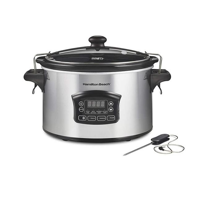 Hamilton Beach 33869 Portable 6-Quart Set & Forget Digital Programmable Slow Cooker with Lid Lock, Defrost Setting, Temperature Probe, Silver