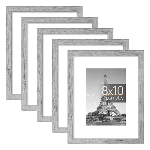 upsimples 8x10 Picture Frame Set of 5, Display Pictures 5x7 with Mat or 8x10 Without Mat, Wall Gallery Photo Frames, Gray