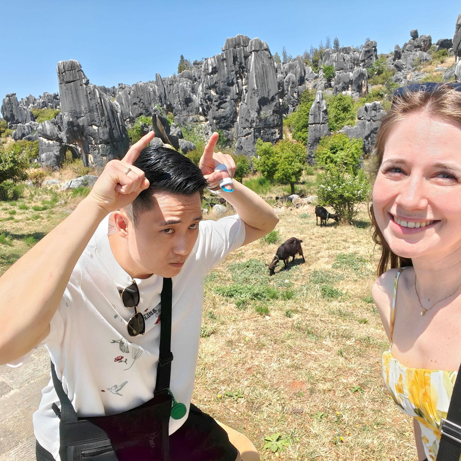 Jonas imitating the mountain goats in Shilin Stone Forest.