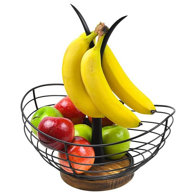 Modern Farmhouse Fruit Basket with Banana Holder for Kitchen Counter, Vintage Wire and Wooden Base Fruit Bowl & Banana Hanger for Kitchen Countertop Decor, Banana Tree & Fruit Stand