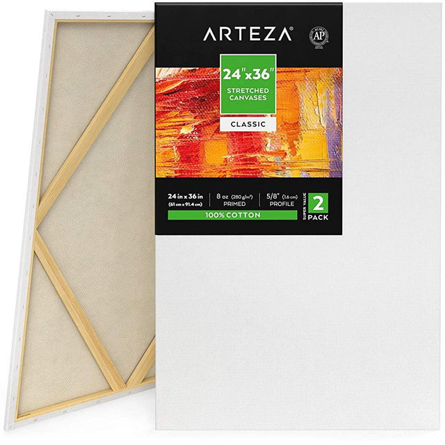 Arteza 24x36” Stretched White Blank Canvas, Bulk Pack of 2, Primed, 100% Cotton for Painting, Acrylic Pouring, Oil Paint & Wet Art Media, Canvases for Professional Artist, Hobby Painters & Beginner