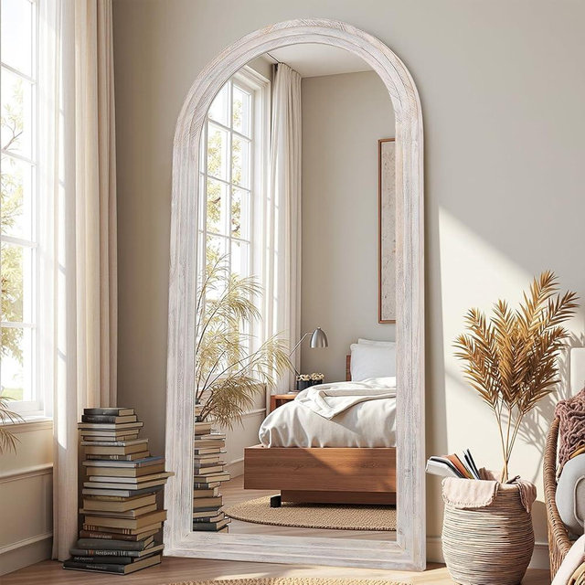 Antok Floor Mirror, Wood Full Length Mirror Wooden Full Body Mirror with Stand, Hanging Mounted for Living Room Cloakroom, 71"×32", White, Arched Style