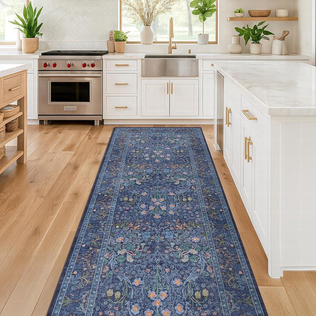 Non Slip 2x6 Dark Blue Bathroom Runner Rug - Long Runner Rugs 24 x 72 Washable Kitchen Floor Mat, Bedroom Laundry Room Hallway Runner - Dusky Navy Vintage Floral Design Décor
