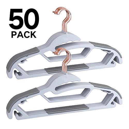 TIMMY Plastic Hangers Space Saving Coat Hangers,Ultra Thin with Upgraded Rubber Stripe Non Slip Clothes Hanger, 50 Pack Heavy Duty Plastic Pants Hangers Grey