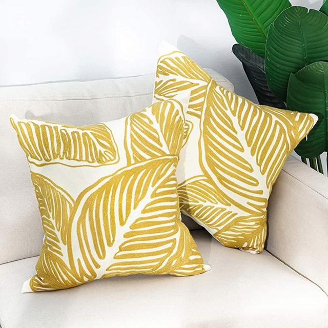Embroidered Leaf Decorative Throw Pillow Cover Tropical Leaves Embroidery Pillow Case for Couch Sofa Bedroom, Plant Monstera Leaf Pillow Cover Handmade Cotton Pillowcase 18"X18", Set of 2 Yellow White