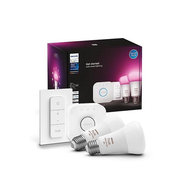Philips Hue White and Color Ambiance Smart Light Starter Kit, Includes (2) 60W A19 Smart Bulbs, Hue Bridge, and Dimmer Switch, Compatible with Alexa, Apple HomeKit and Google Assistant