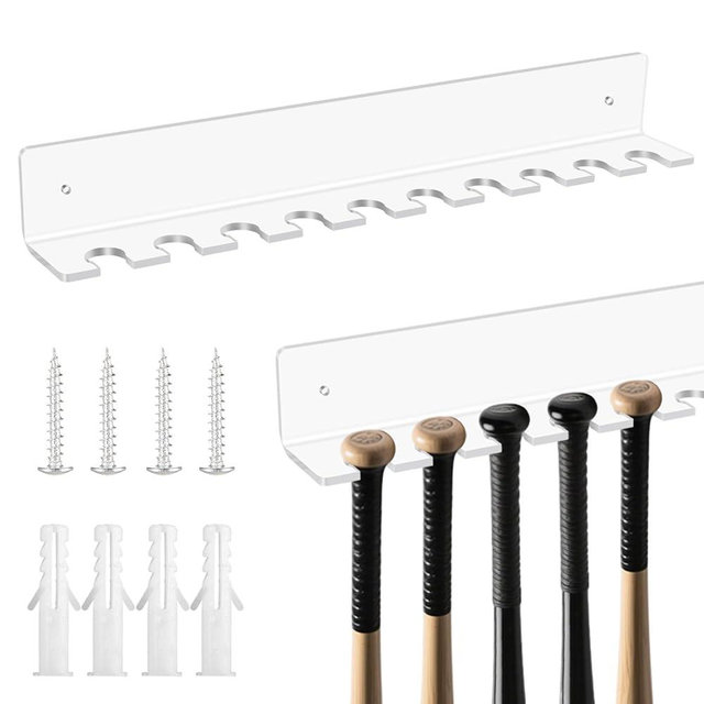 Threehoney Clear Baseball Bat Display Rack Wall Mount Hanger Vertical Mini Baseball Bat Holder for 10 Items Acrylic Hanging Rack Organizer