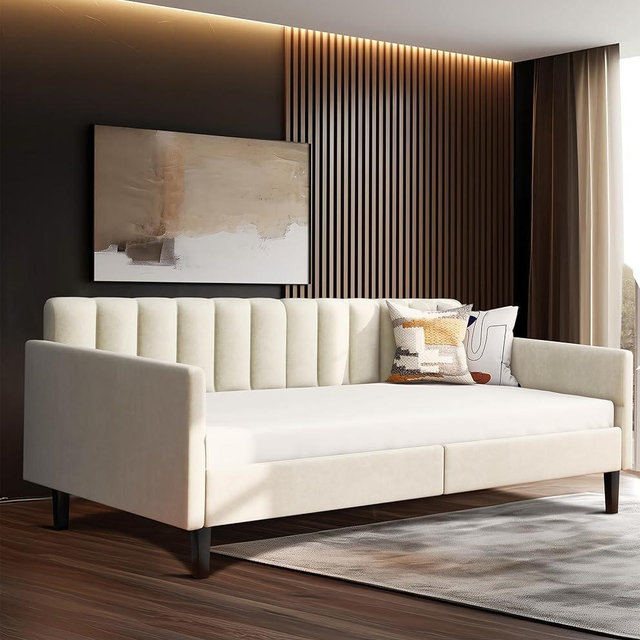 LifeSky Daybed Twin Size Upholstered - Velvet Tufted Day Bed Frame for Living Room Beige