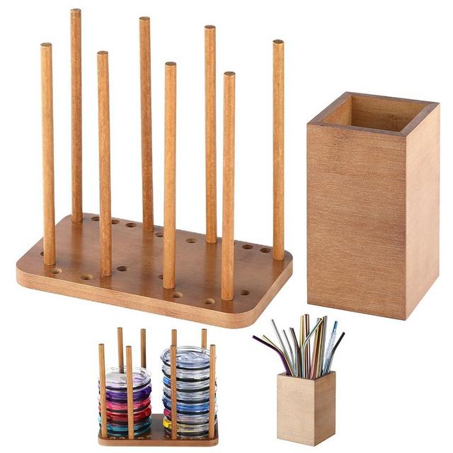 DOYOQI Adjustable Bamboo Tumbler Lid Organizer Set with Cup Holder for Straw,Brush,Water Bottle Lid Rack Storage for Kitchen Cabinet Holds Up to 20 Lids