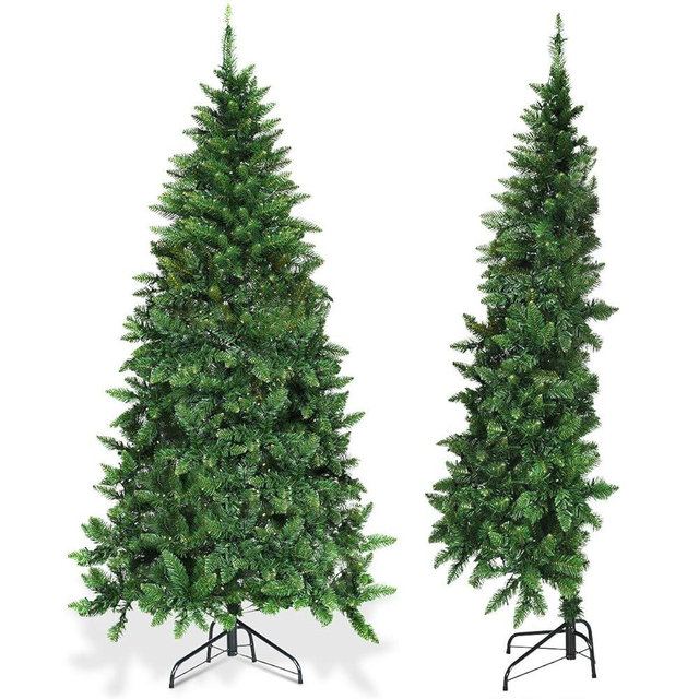 GOFLAME 6ft Prelit Christmas Half Tree, Artificial Half-Shape Christmas Tree with Premium PVC Needles and Sturdy Metal Stand, 8 Flashing Modes Christmas Trees, for Holiday Indoor Decoration