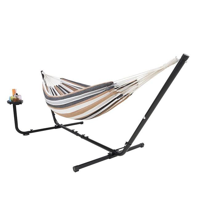 Hammock with Stand with Cupholder & Carrying Bag, 2 Person Hammock, Heavy Duty 450 Pound Capacity, Indoor & Outdoor Hammock: Patio, Pool, Balcony, Backyard (Brown/White/Blue)