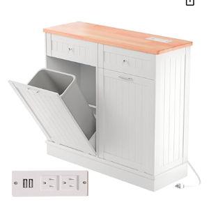 Betterhood Double Tilt Out Trash Cabinet with Power Outlet, 10 Gallon Trash Cabinet with Storage,Pet Proof Trash Can with 2 AC & USB Sockets for Kitchen,Living Room (White, Double Door)