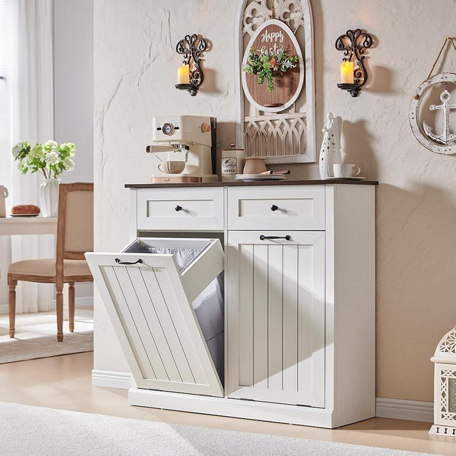 IFGET Double Tilt Out Trash Cabinet, Hidden Wooden Trash Can Cabinet, Farmhouse Laundry Hamper Cabinet, Trash Garbage Can Bin Cabinet with Storage Basket for Kitchen, Living Room (White)
