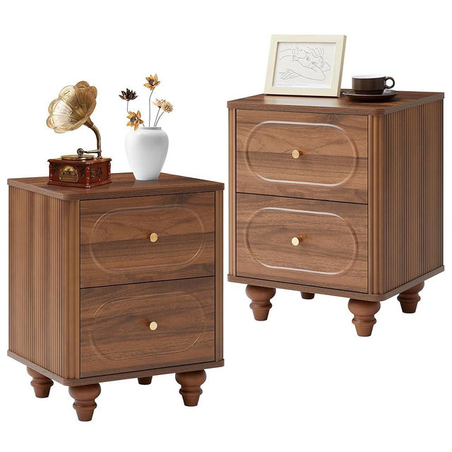 2 Drawer Fluted Mini Small Dresser for Bedroom Set of 2, Mid Century Modern Nightstand Bedside End Table, Wood Storage Dresser Organizer for Bedroom Living Room, Walnut