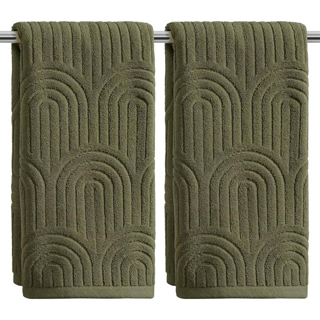 Artoid Mode 2 Pcs Olive Green 3D Arched Stripes Jacquard Hand Towels for Bathroom, 100% Cotton Soft Absorbent Bathroom Decor Towels, 13.7 x 29.5 Inch