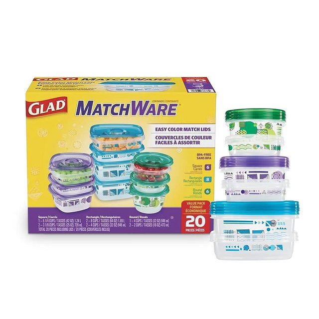 Glad GladWare MatchWare Food Storage Containers with Lids, BPA Free Reusable Plastic 20 Piece Variety Pack for Lunches, Meal Prep, and Leftovers, Leak Resistant, Microwave and Dishwasher Safe