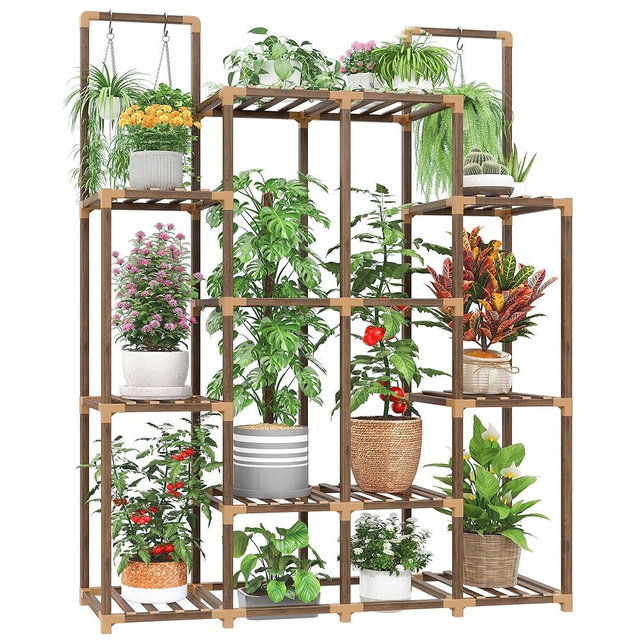 EnHomee Plant Stand Indoor Plant Stands Tiered Plant Stand Outdoor Wood Plant Shelf with 10 Potted & Double Rod Large Plant Holder Load-Bearing 440 LBS Plant Shelves Table 44.8''W*11.6''D*47''H