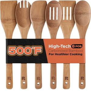 Riveira Dark Bamboo Wooden Spoons for Cooking 6-Piece, Apartment Essentials Wood Spatula Spoon Nonstick Kitchen Utensil Set Premium Quality Housewarming Gifts for Everyday Use