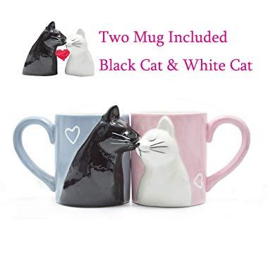 Kiss Cat Coffee Couple Handmade Mug, Funny Tea Ceramic cup set for Bride and Groom, Matching Gift for Engagement Wedding and Married Couples Anniversary Valentines Day Girlfriend Wife