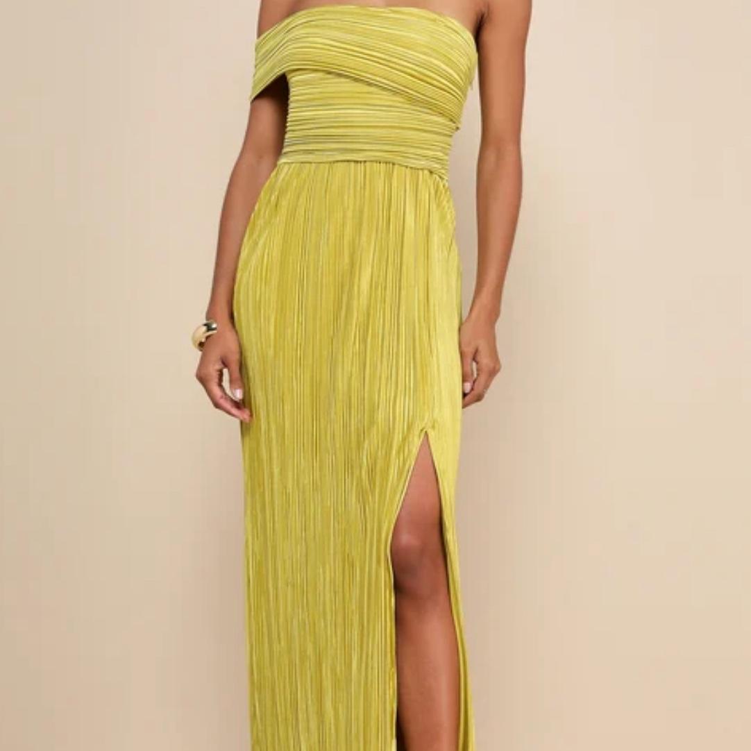Comes in several colors 

https://www.lulus.com/products/poised-performance-chartreuse-plisse-one-shoulder-maxi-dress/2314671.html