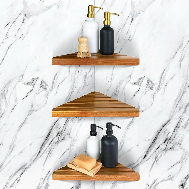 ENKEZI Acacia 3 Tiers Corner Shower Shelf, Triangular Corner Shelf Wooden Bathroom Shelf for Tiled Wall, Shower Corner Shelf, No Drilling Requied