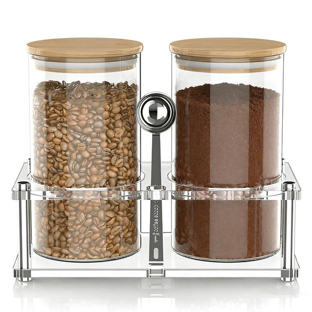 YAGELI Glass Coffee Canister Set with Acrylic Shelf, 2-Pack 44oz Airtight Food Storage Containers, Bamboo Lid & Scoop for Ground Coffee Sugar Tea Nuts Kitchen Pantry