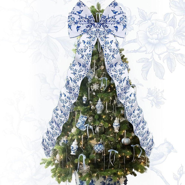 Daifunli Extra Large Blue Christmas Tree Topper Bow 20 x 47 Inches Giant Chinoiserie Blue and White Xmas Tree Topper Decor Wreath Bow Ornament for Door Holiday Party Supply Indoor Outdoor Home Decor