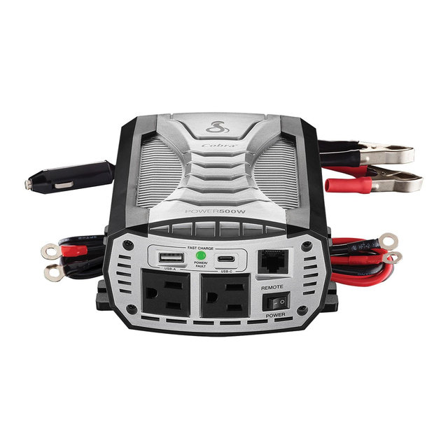 Cobra® 2-AC Outlet and 2-USB Port 500-Continuous-Watt Vehicle Power Inverter with 12-Volt Adapter Cord and Battery Power Cables, CPI500W