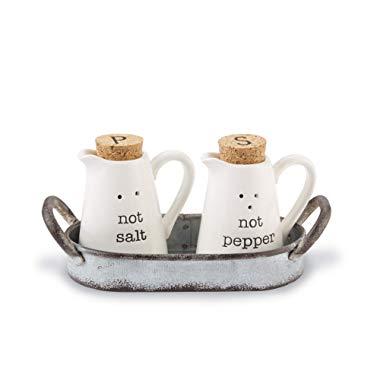 Mud Pie 46000097 Farmhouse Inspired Ceramic Aluminum Salt and Pepper Caddy Set, One size, White