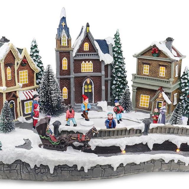 Large Animated Christmas Village Skating Town - Lighted Resin Musical Snow Scene with 4 Moving Skaters and Adapter