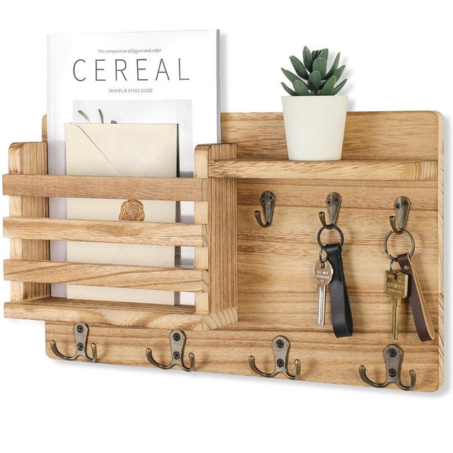 Nekon Mail Holder for Wall Mail Organizer with Key Hooks Hallway Farmhouse Decor Letter Sorter Made of Natural Wood with Floating Shelf and Flush Mount Hardware (16.8Inch x 10Inch x 3.2Inch) (Wood)