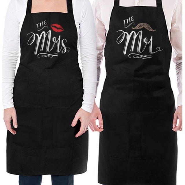 Mr. and Mrs. Aprons With Mustache and Red Lips Gift for Couples Wedding, Anniversary, Newlywed His & Hers Cooking Chef Apron One Size Black