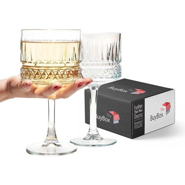 The Buybox Extra Large Glass Goblet, Vintage Coupe Glasses, Big Square Wine Glasses. Cocktail, Champagne, Margarita Glasses, Long Stem Glassware (16.9oz/500ml) (Set of 2 Glasses)