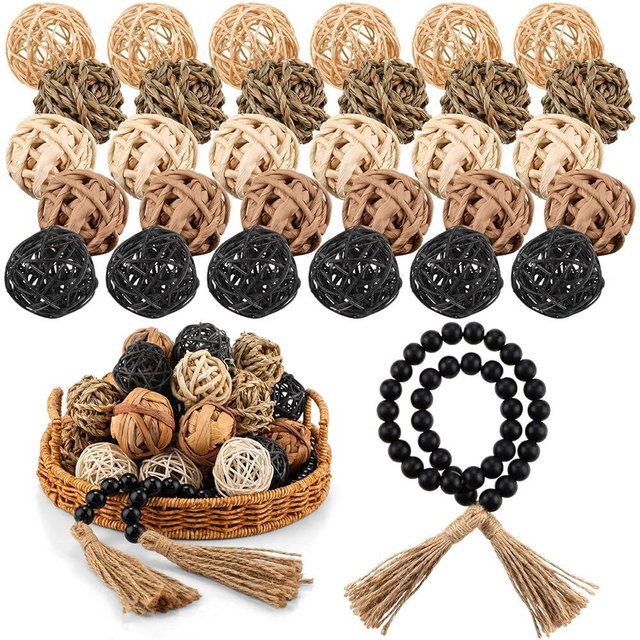 Halloscume 31 Pcs Wicker Rattan Decorative Balls with 30.3 Inch Wood Bead Garland Centerpiece Bowls Orbs Vase Fillers Wall Hanging Decor for Summer Home Farmhouse Wedding Party(Black)