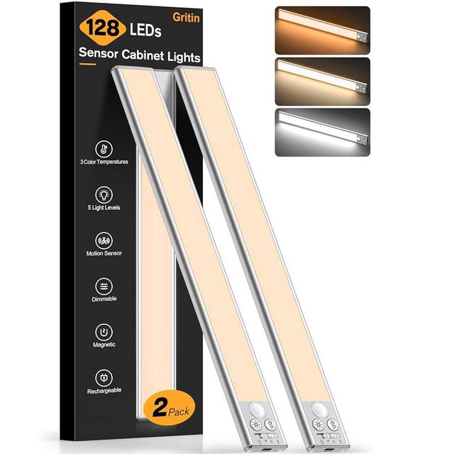 Gritin 14.7inch Under Cabinet Lighting Rechargeable - 128 LED Super Bright, 3-Color&5 Level Brightness, 4 Modes, Motion Sensor, Long Lasting-Easy Installation Magnetic Closet Lights - 2 Pack-Silver