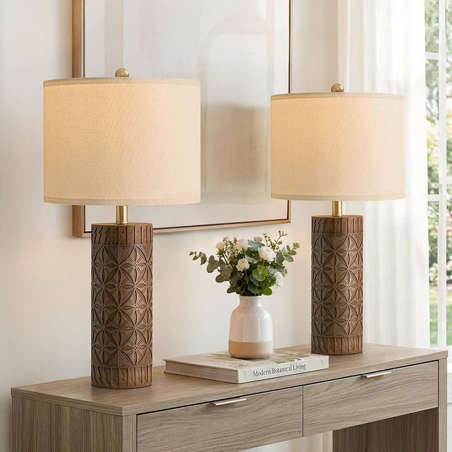 BOBOMOMO 24.25" Modern Farmhouse Table Lamps Set of 2, Geometric Wood Grain Resin Bedside Lamps for Nightstand, Rustic Lamps for Living Room, Bedroom, Entryway, Home Decor, Linen Shade