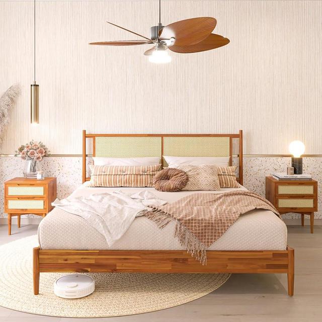 Bme Oliver 15 Inch Signature Bed Frame with Rattan Headboard - Bohemian & Mid Century Style - No Box Spring Needed - 12 Strong Wood Slat Support - Easy Assembly - Caramel, King