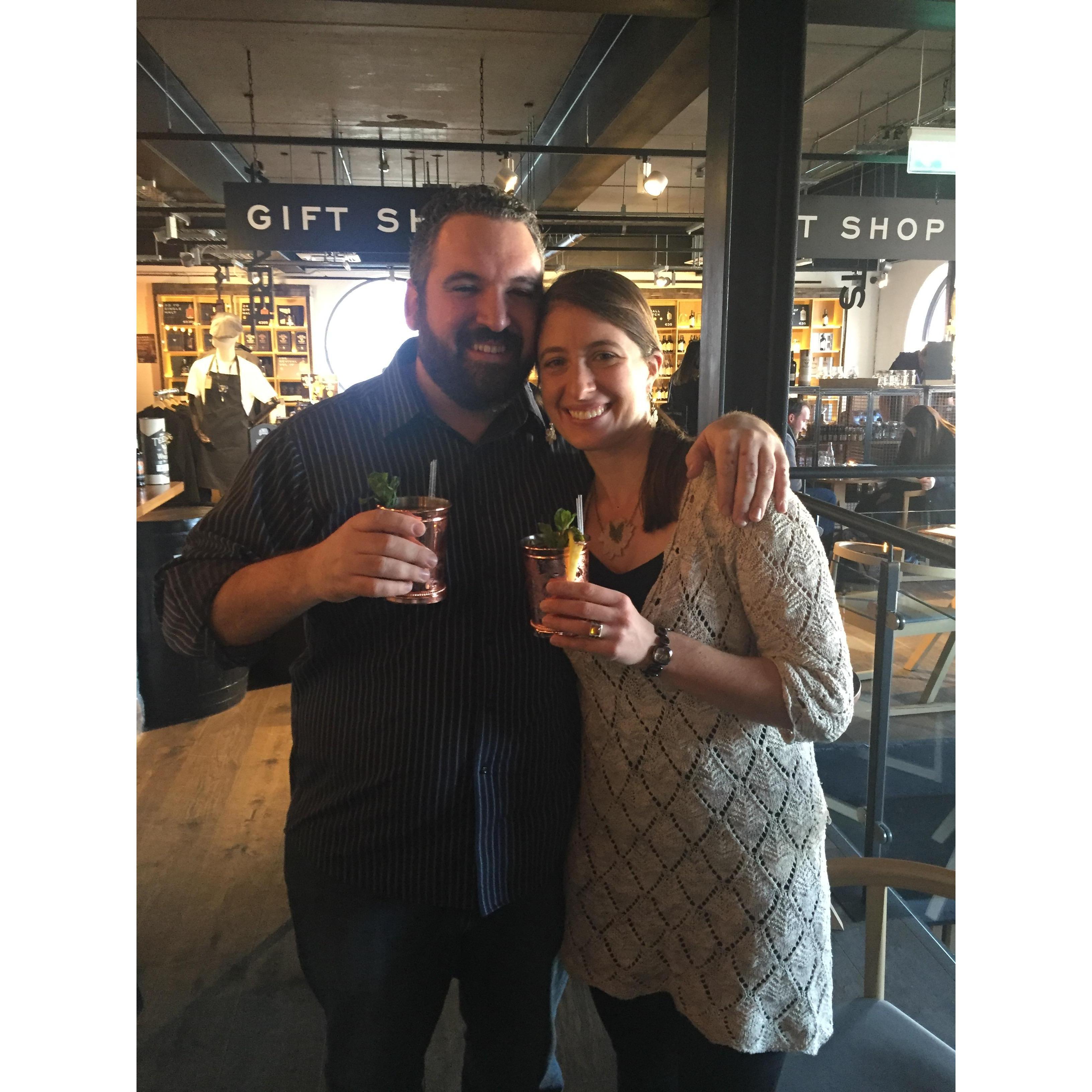 Matt helped Elena learn to appreciate whiskey at the Teeling Distillery in Dublin, Ireland.