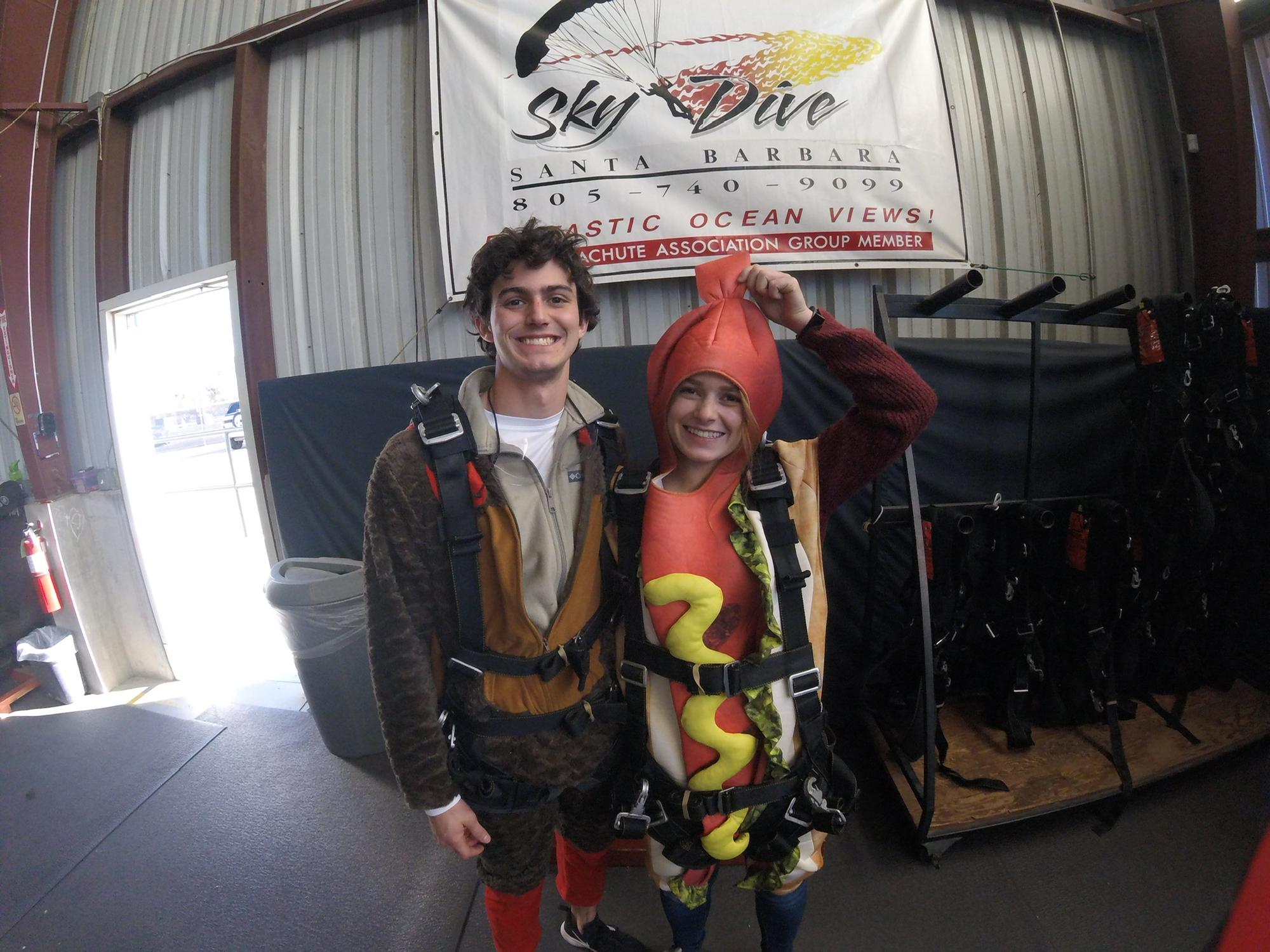Going skydiving in our Turkey and Hotdog costumes!