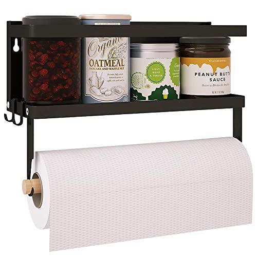 Magnetic Paper Towel Holder for Refrigerator Metal Wall Mount Magnetic Spice Rack With Hooks,Spice Storage Organizer Magnetic Shelf Multi function Made of Iron,for Kitchen,Bathroom, Drill free (Black)
