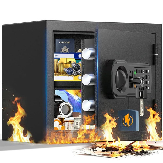 35-Mins Fireproof Safe for Home, 22Lbs Anti-Theft Fire Proof Safe Box with Digital Keypad & Removable Shelf, 9.84"H Small Money Safe with Silent Mode & LED Light for Documents Cash, Wall Mountable