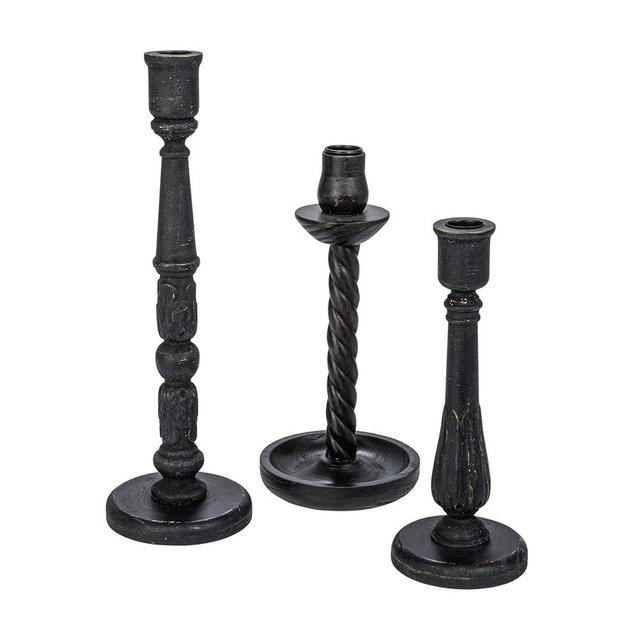 Creative Co-Op Round Wood Taper Candle Holders, Black, Set of 3
