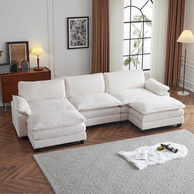 Karl home Sectional Sofa Modular Deep Seat Sofa Couch with Ottoman, Teddy Fleece Sofa Sleeper Comfy Upholstered Furniture for Living Room, Apartment, Studio, Office, (3-Seat & 2-Ottoman, White)