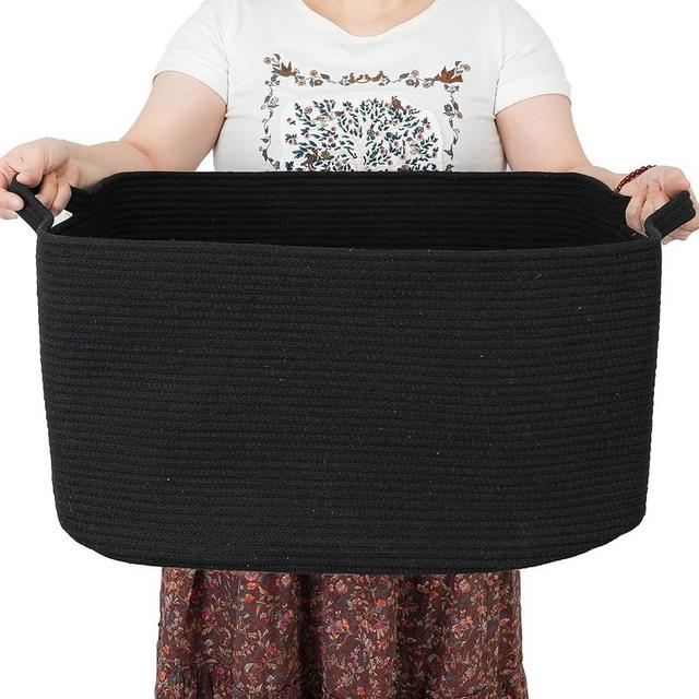 XUANGUO Large Rectangle Blankets Basket Living Room 22"x17"x12" Woven Cotton Rope Storage Baskets for Nursery Toy Baskets for Kids and Dogs Wicker Laundry Basket Bin for Clothes Towels black