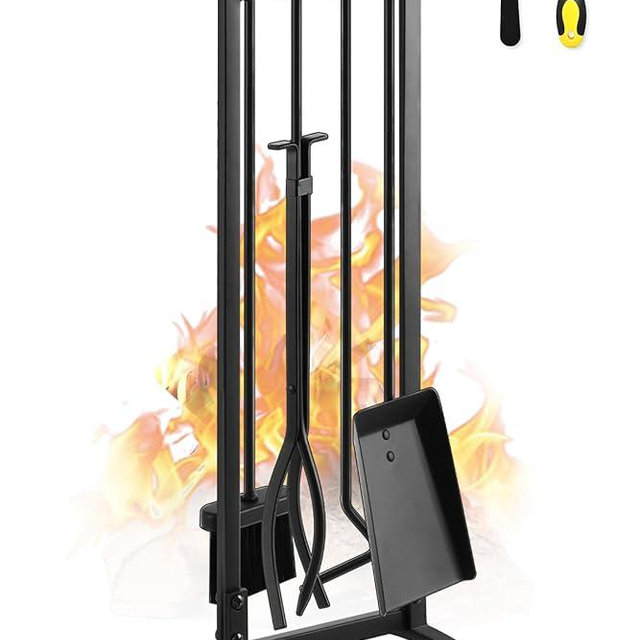 Gtongoko Premium 5 Pcs Wrought Iron Fireplace Tools Set for Outdoor/Indoor,Fire Place Set Tools Include Poker,Tongs, Shovel,Brush and Stand Accessories Set,Black