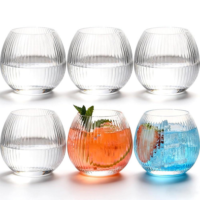 JOVGANK Clear Ribbed Drinking Glasses Set of 6-10.8OZ Stemless Wine Champagne Whiskey Cocktail Glass, Reusable Wine Cups for Home Party Wedding Bar