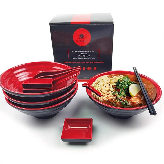 Balibetov Ramen Bowl Set - Includes Melamine Ramen Bowls, Chopsticks, Spoons and Small Dish for Sauce - Ideal for Asian, Chinese, Japanese, Korean or Pho Noodle Soup -4 sets, 16pcs(4, Red)